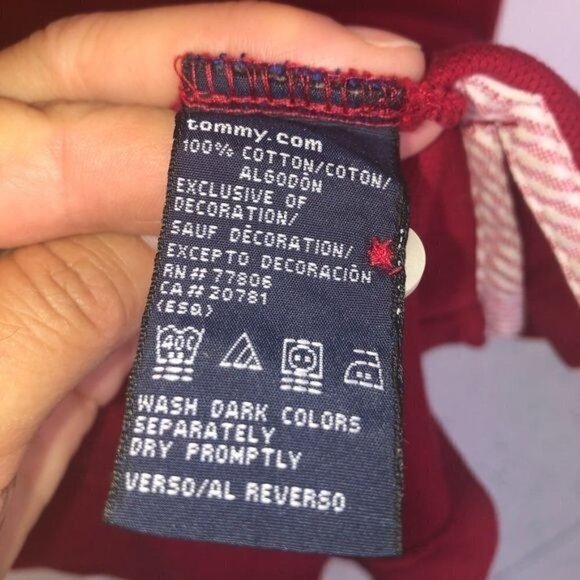 Tommy Hilfiger Polo Shirt Medium Mens Red Cotton Striped Trim On Neck Side Slits - Picture 10 of 10